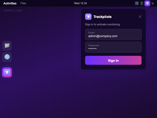 Trackpilots login screen and system tray icon on Ubuntu Linux