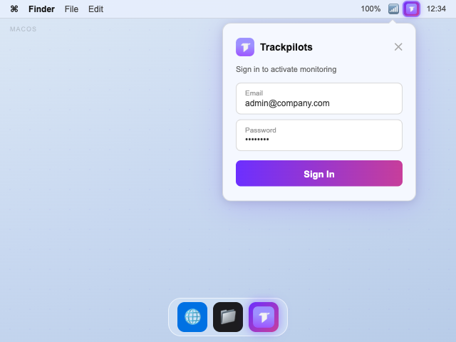 Trackpilots login screen and menu bar icon on macOS