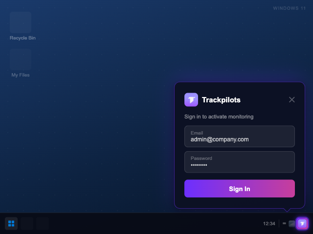 Trackpilots login screen and system tray icon on Windows 11